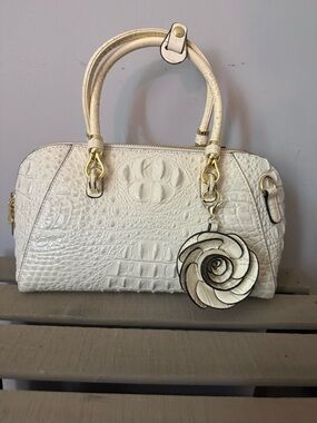 Cream Croc-Embossed Satchel with Floral Charm
